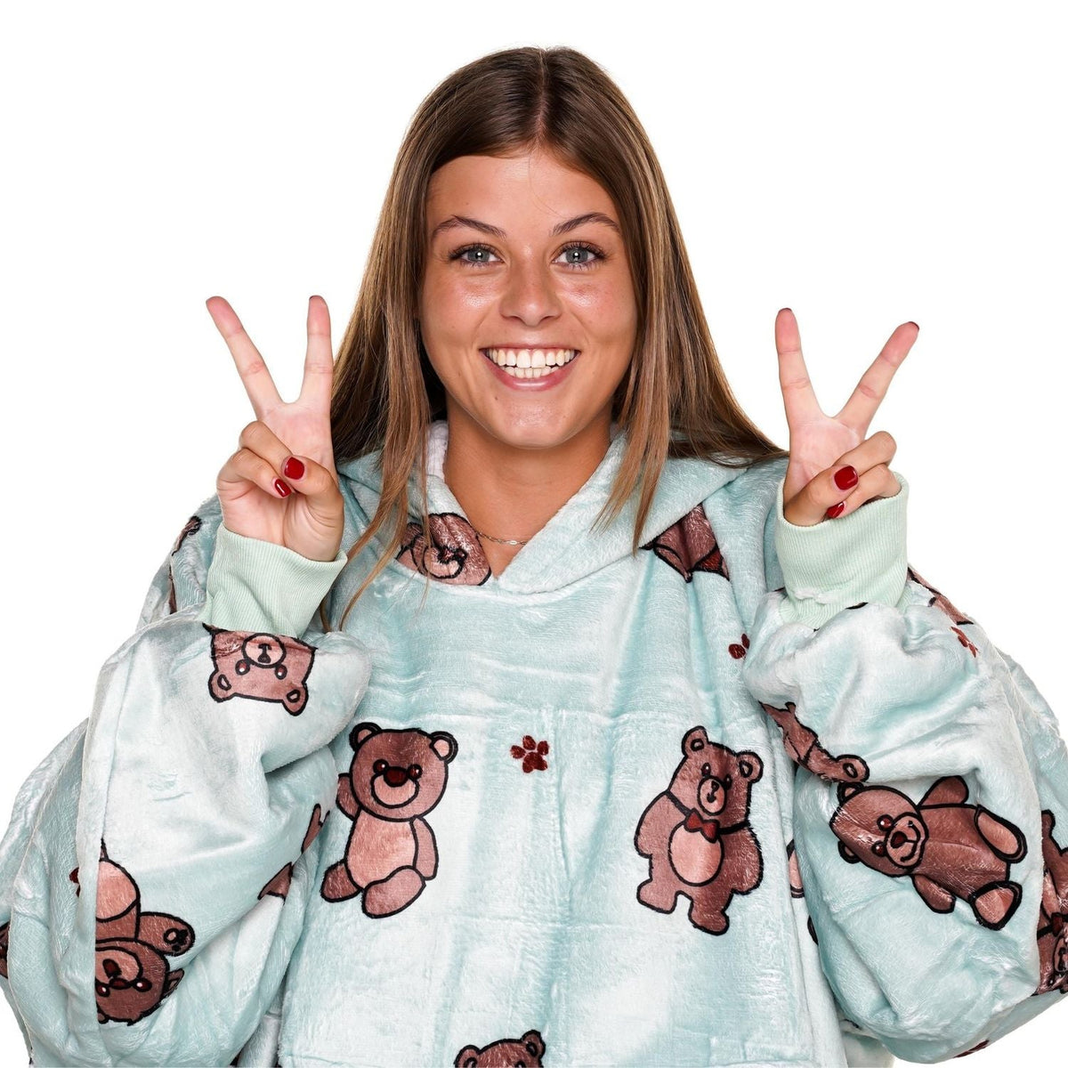 Mintgroene Hoodie Deken met Teddybeerprint en Sherpa
