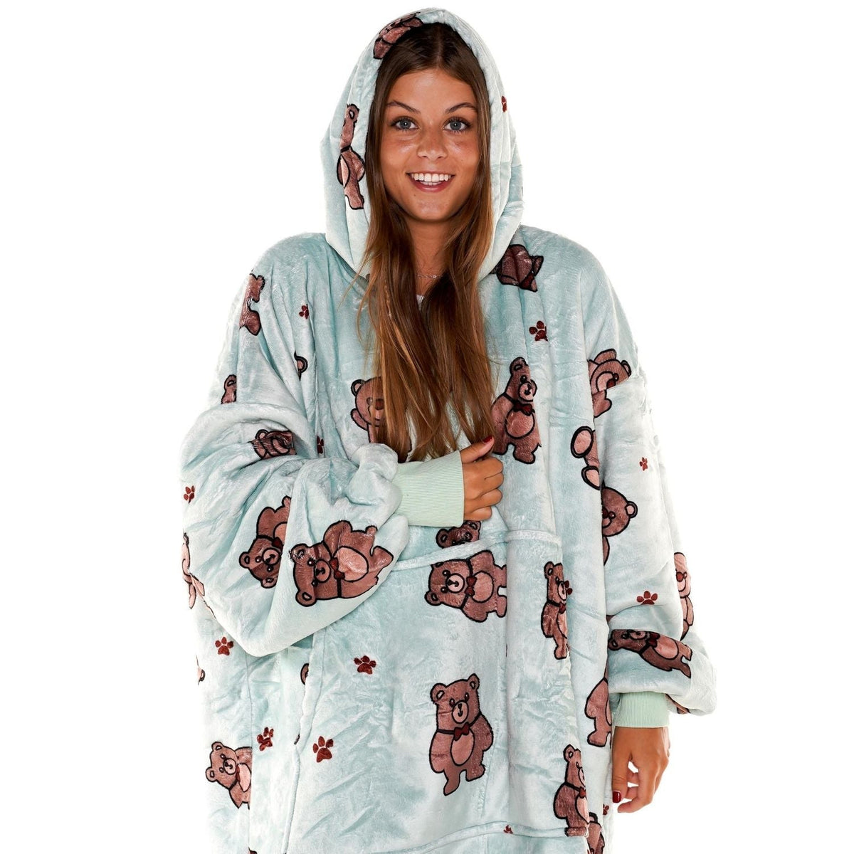 Mintgroene Hoodie Deken met Teddybeerprint en Sherpa