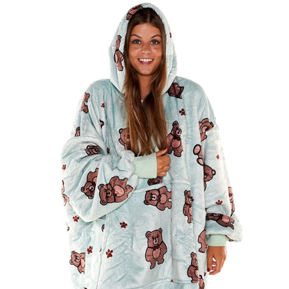 Mintgroene Hoodie Deken met Teddybeerprint en Sherpa