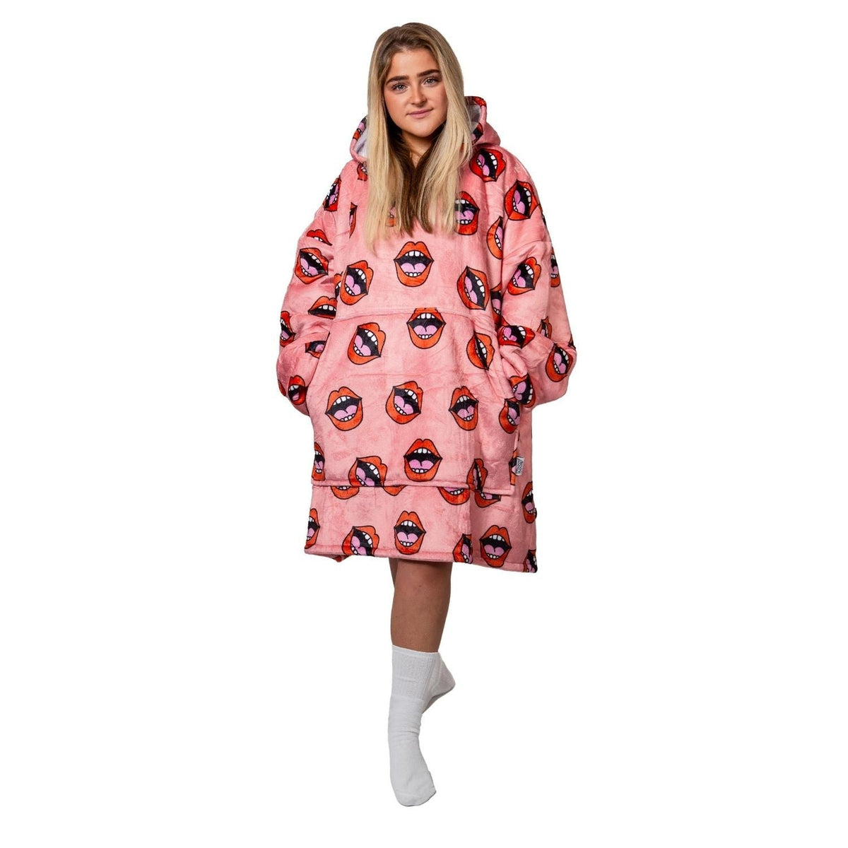 Roze Hoodie Deken met Lippenprint en Sherpavoering