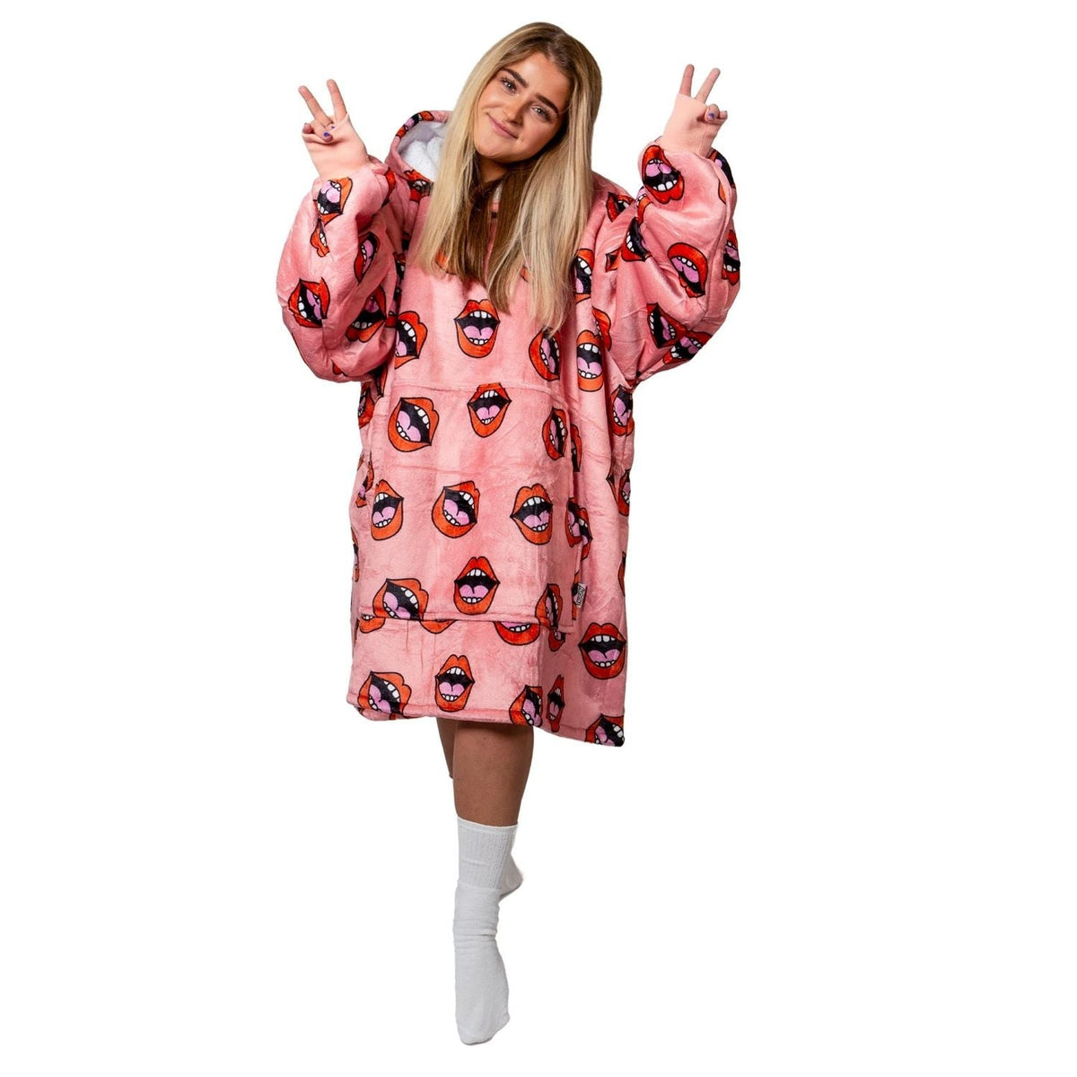 Roze Hoodie Deken met Lippenprint en Sherpavoering
