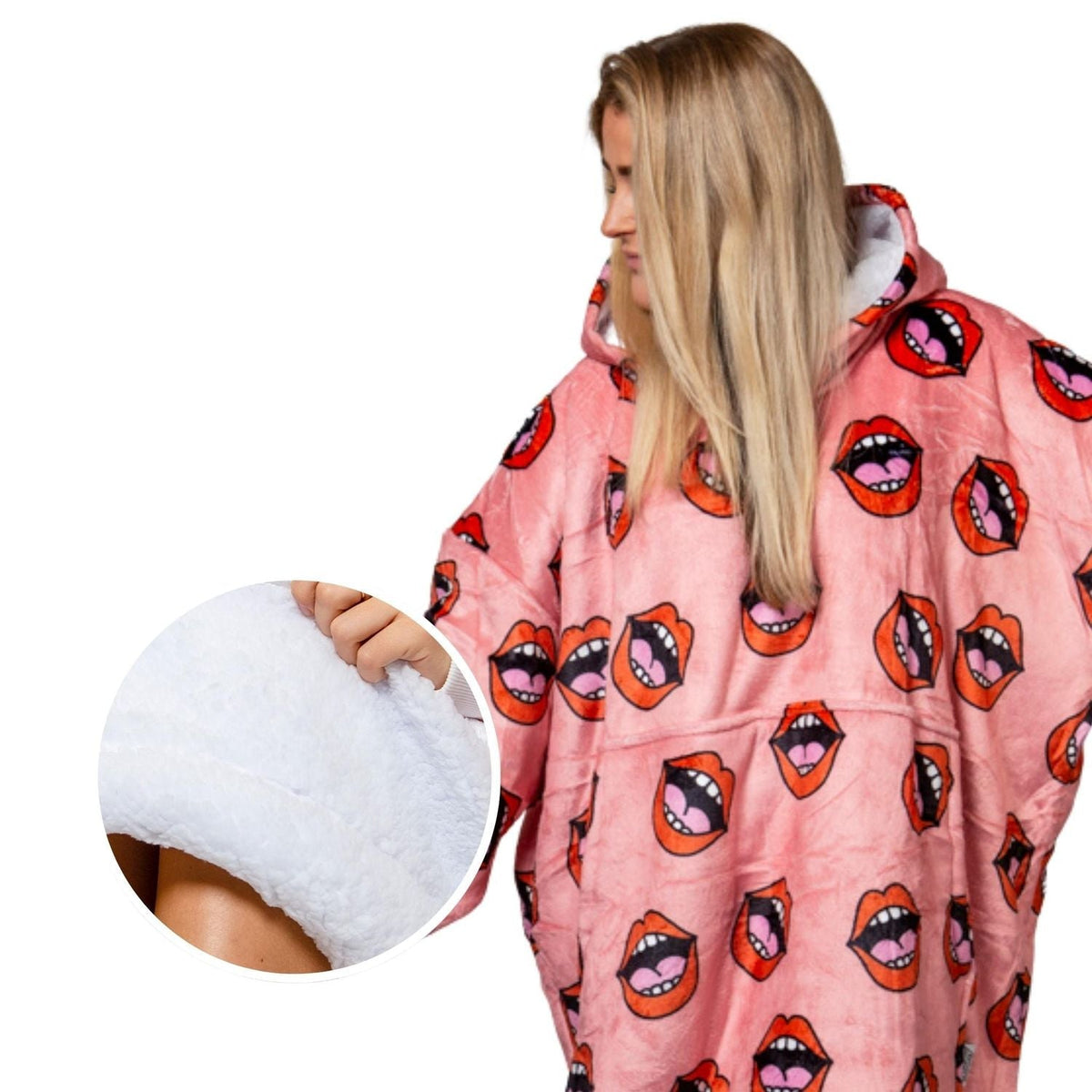 Roze Hoodie Deken met Lippenprint en Sherpavoering
