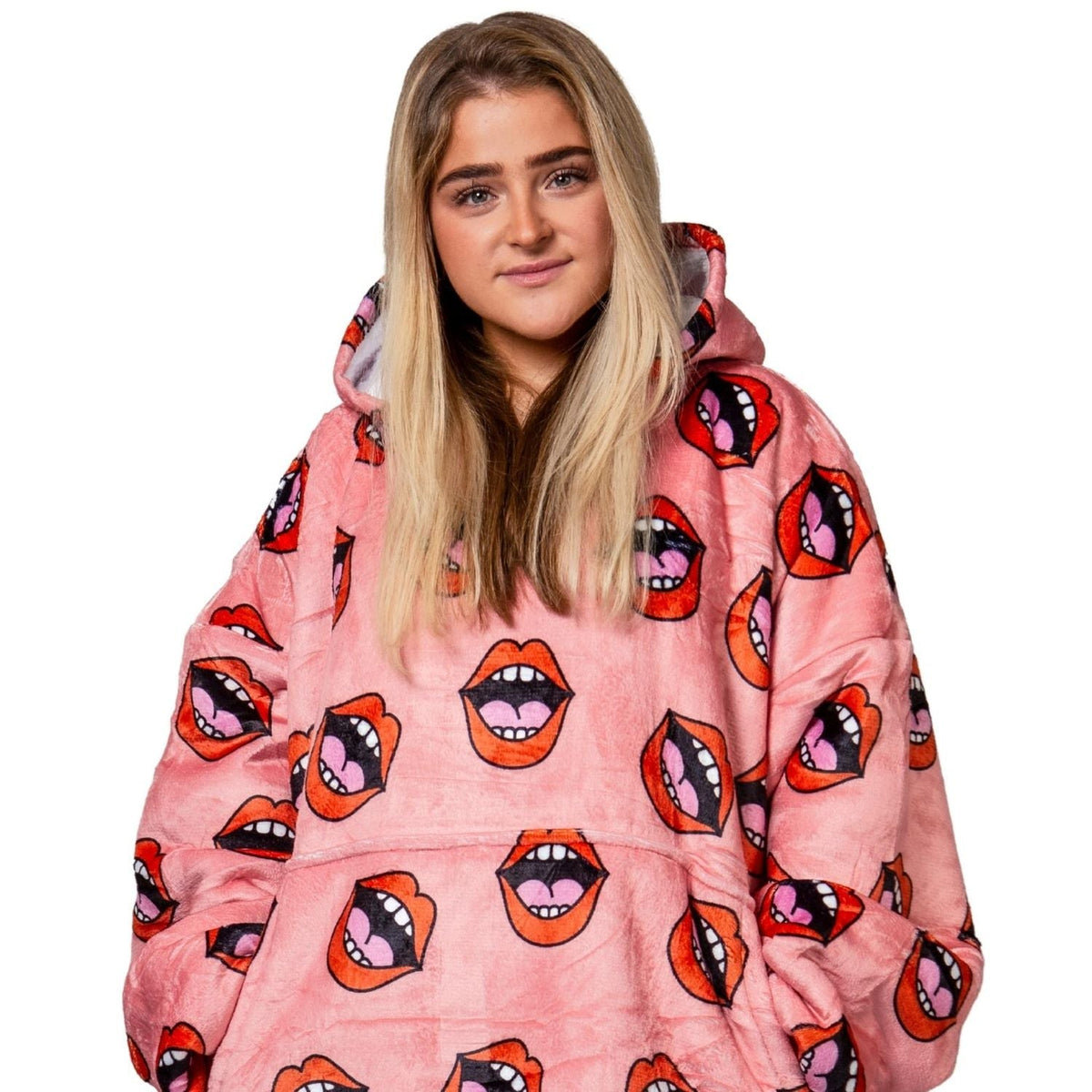 Roze Hoodie Deken met Lippenprint en Sherpavoering