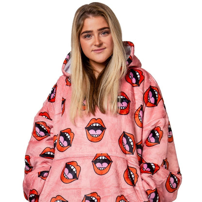 Roze Hoodie Deken met Lippenprint en Sherpavoering