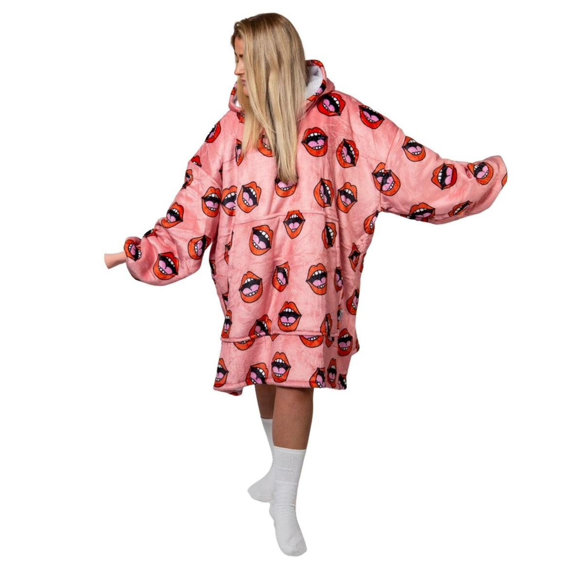 Roze Hoodie Deken met Lippenprint en Sherpavoering