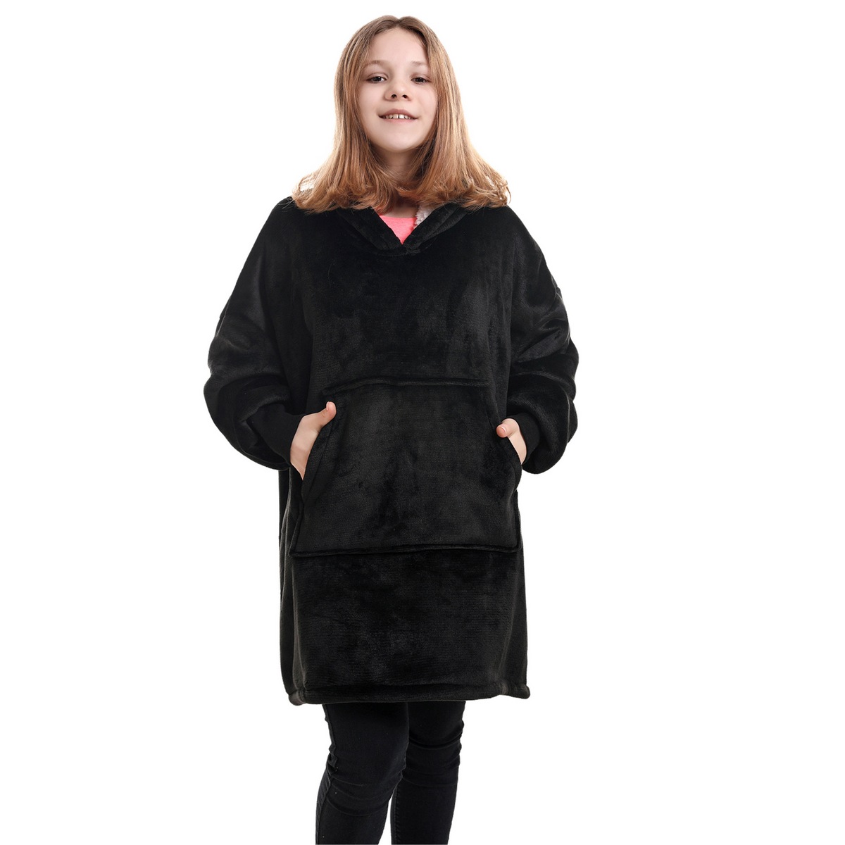 Zwarte Hoodie Deken voor Kinderen met Sherpavoering