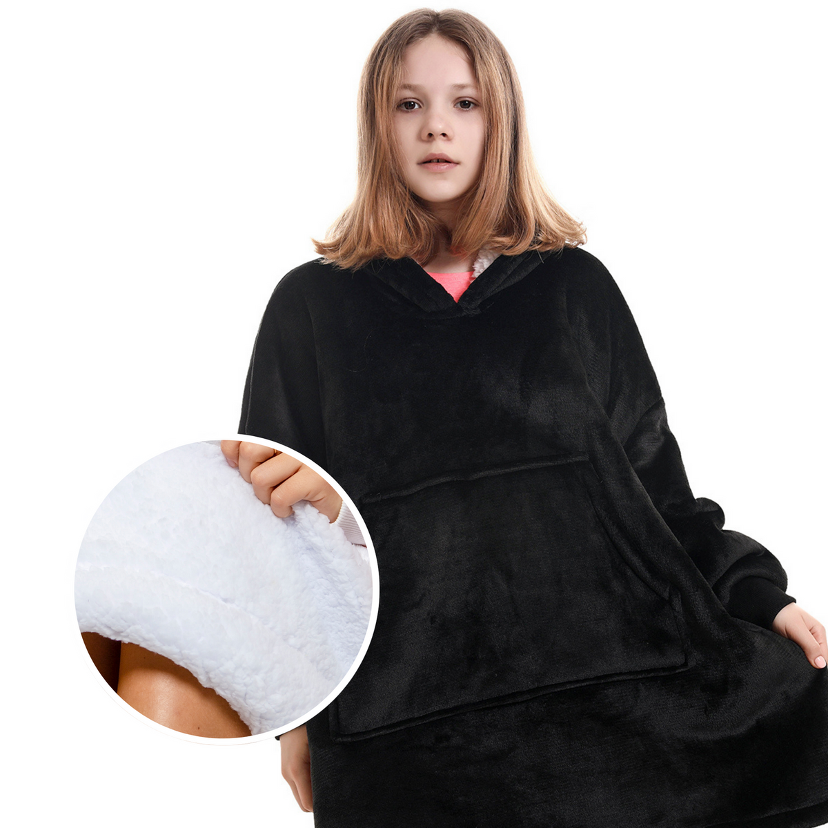 Zwarte Hoodie Deken voor Kinderen met Sherpavoering