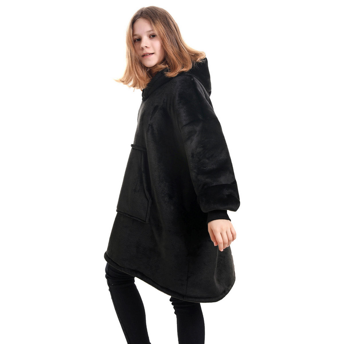 Zwarte Hoodie Deken voor Kinderen met Sherpavoering
