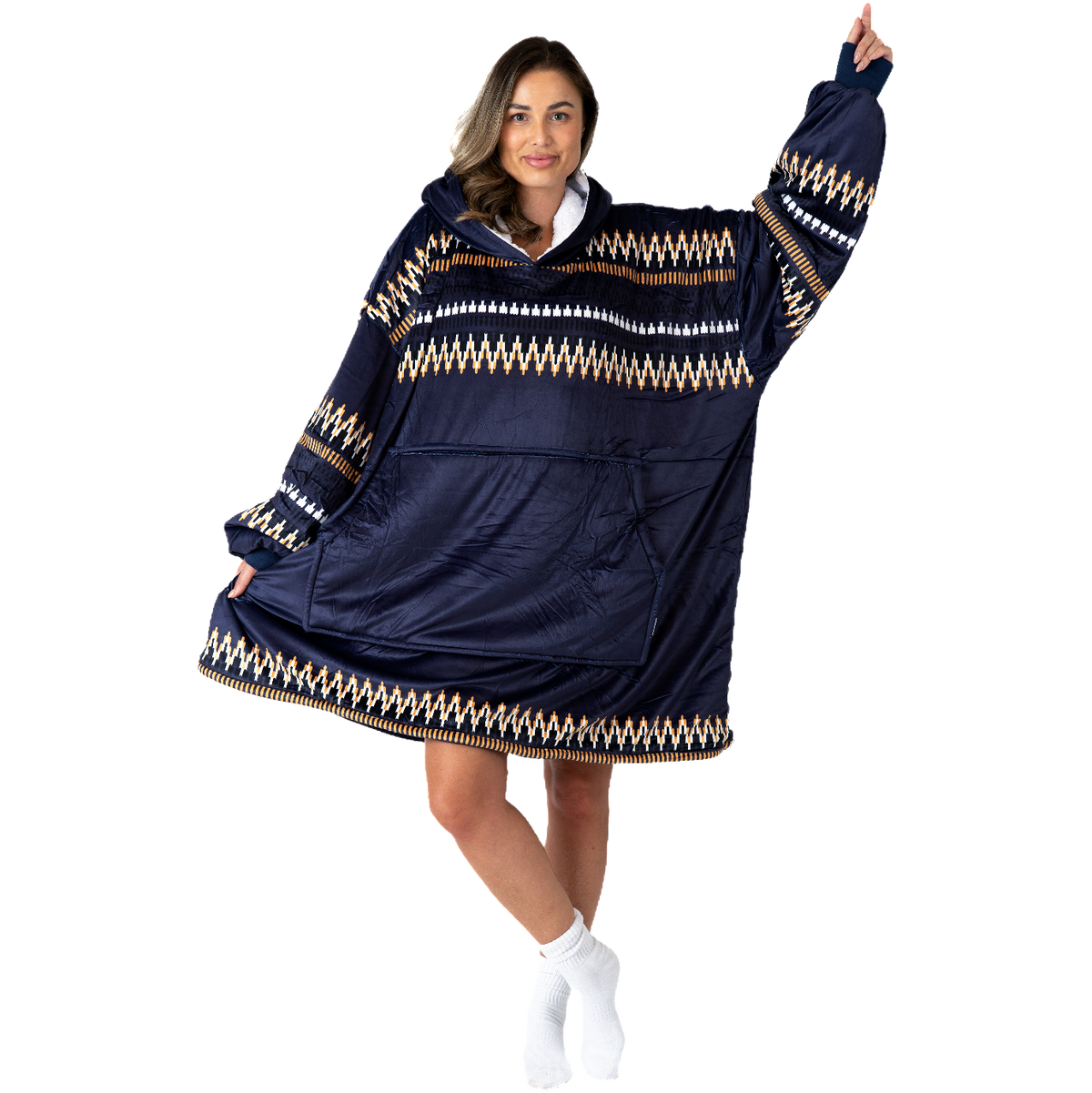 Donkerblauwe Hoodie Deken met Azteekse Print en Sherpa