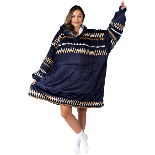 Donkerblauwe Hoodie Deken met Azteekse Print en Sherpa