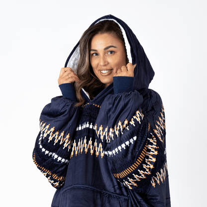 Donkerblauwe Hoodie Deken met Azteekse Print en Sherpa