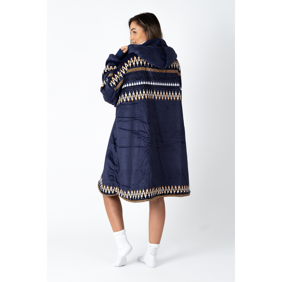 Donkerblauwe Hoodie Deken met Azteekse Print en Sherpa