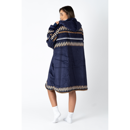 Donkerblauwe Hoodie Deken met Azteekse Print en Sherpa