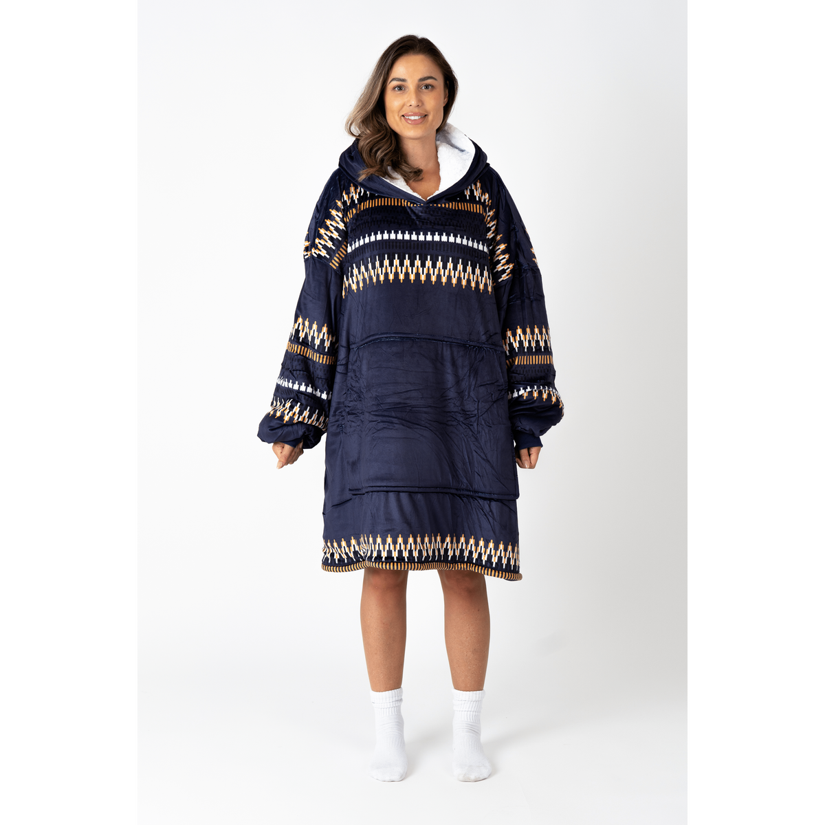 Donkerblauwe Hoodie Deken met Azteekse Print en Sherpa