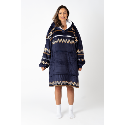 Donkerblauwe Hoodie Deken met Azteekse Print en Sherpa
