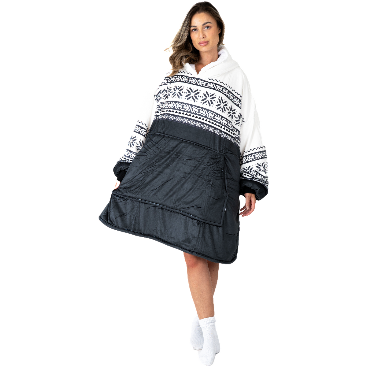 Zwart-Witte Hoodie Deken met Noors Patroon en Sherpa