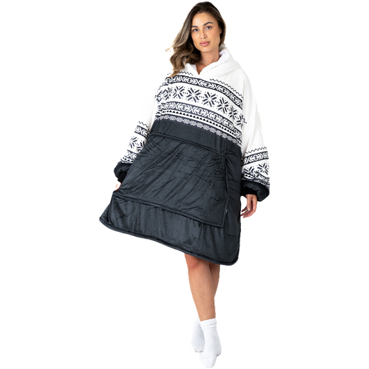 Zwart-Witte Hoodie Deken met Noors Patroon en Sherpa