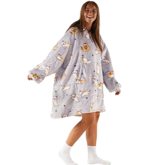 Grijze Hoodie Deken met Kattenprint en Sherpavoering