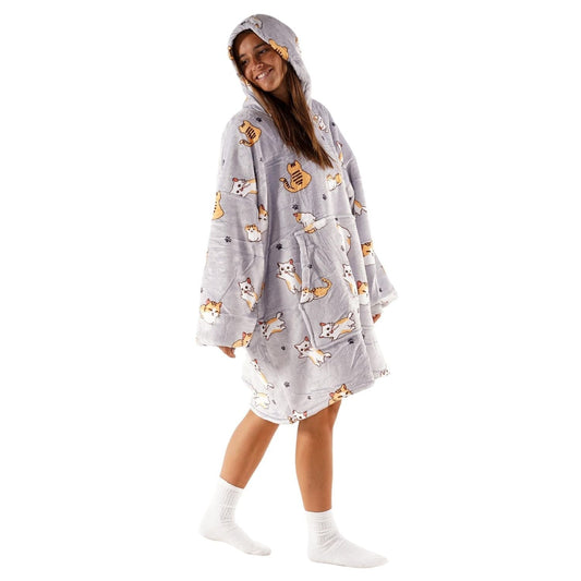 Grijze Hoodie Deken met Kattenprint en Sherpavoering