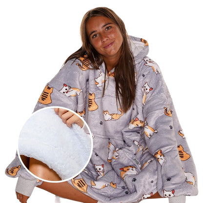 Grijze Hoodie Deken met Kattenprint en Sherpavoering