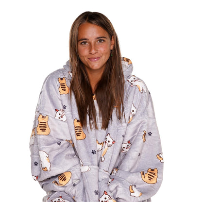 Grijze Hoodie Deken met Kattenprint en Sherpavoering