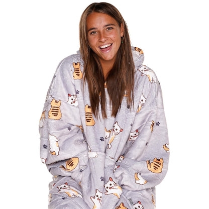 Grijze Hoodie Deken met Kattenprint en Sherpavoering