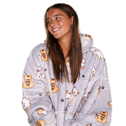 Grijze Hoodie Deken met Kattenprint en Sherpavoering