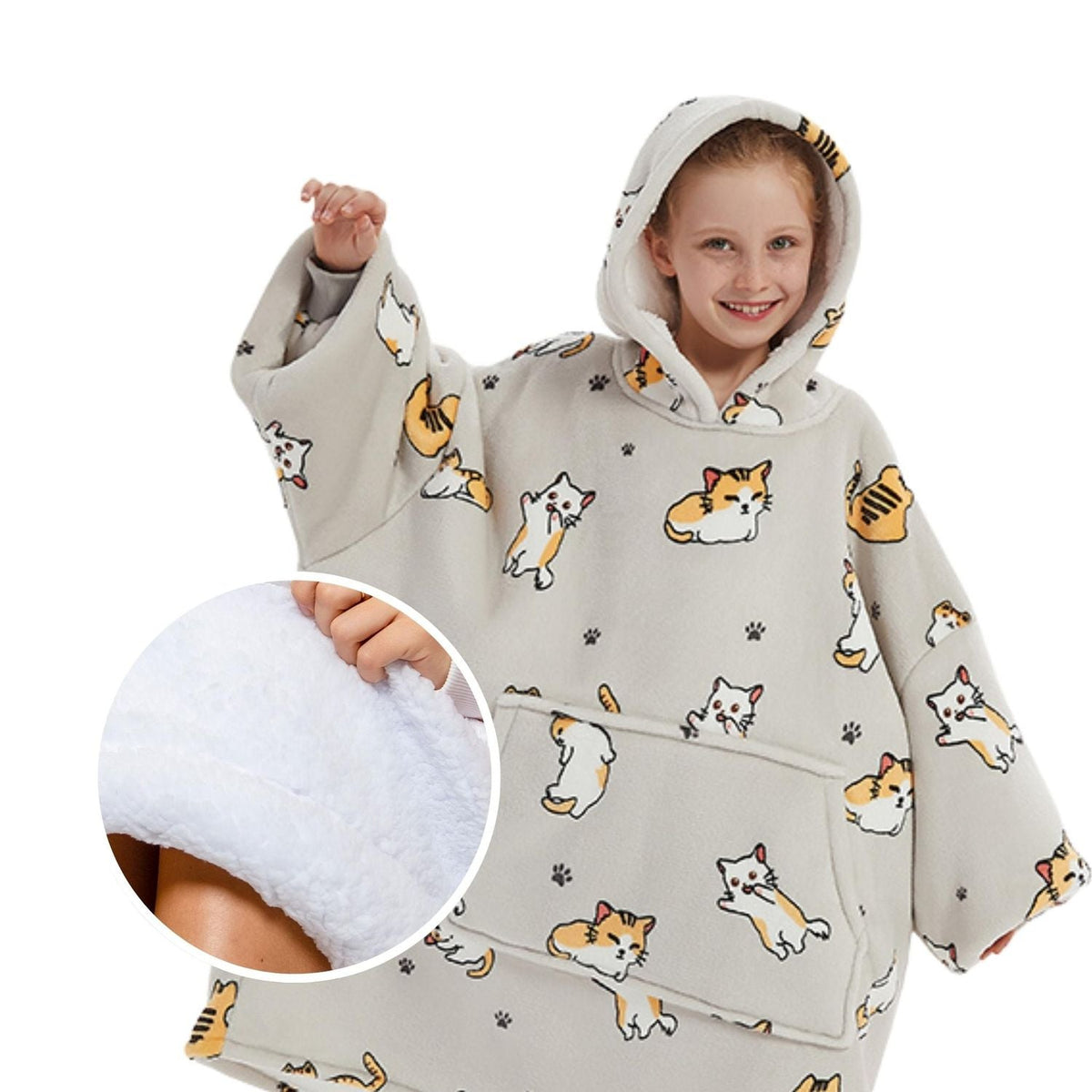 Kinder Hoodie Deken met Kattenprint en Sherpavoering