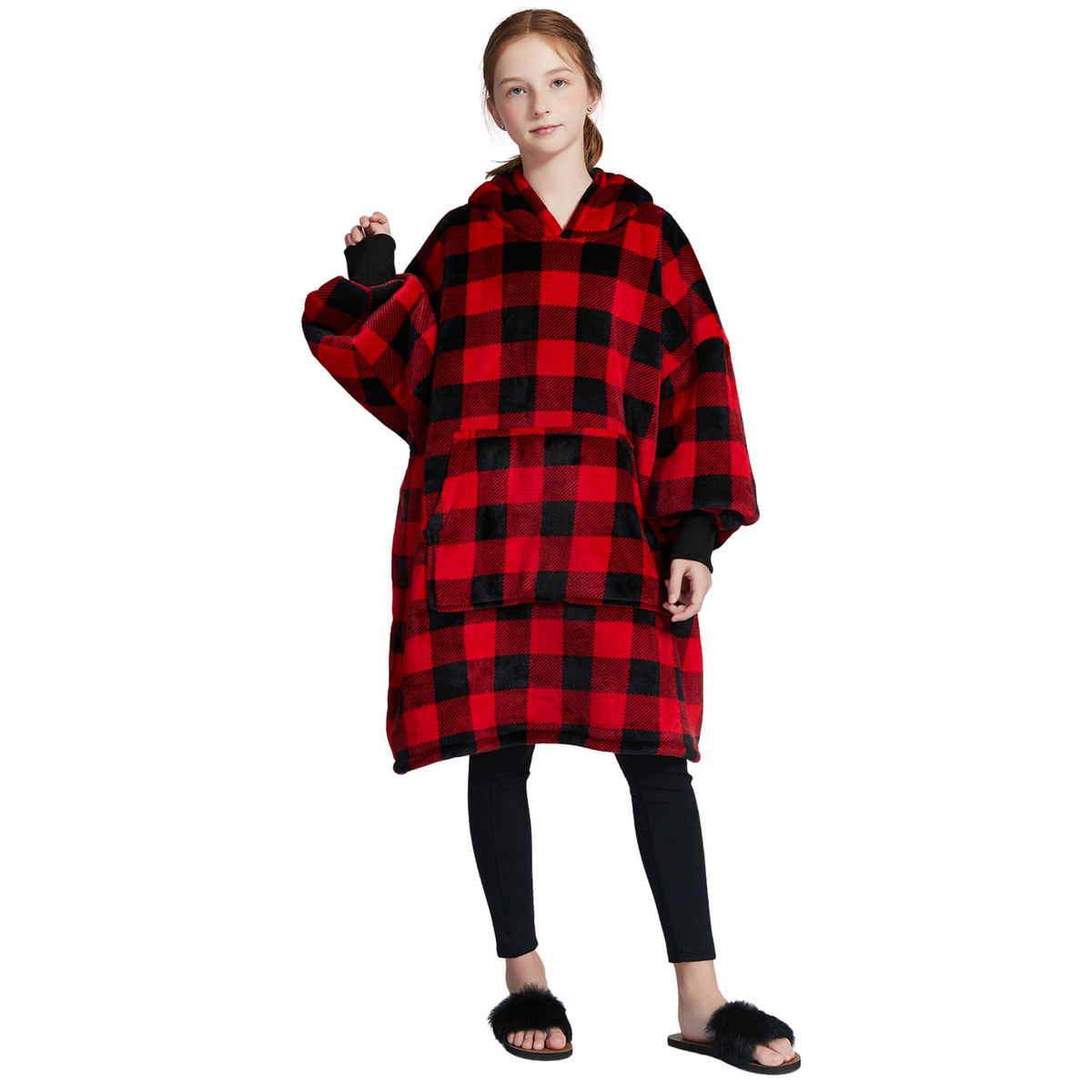 Kinder Hoodie Deken met Rood-Zwarte Ruit en Sherpa