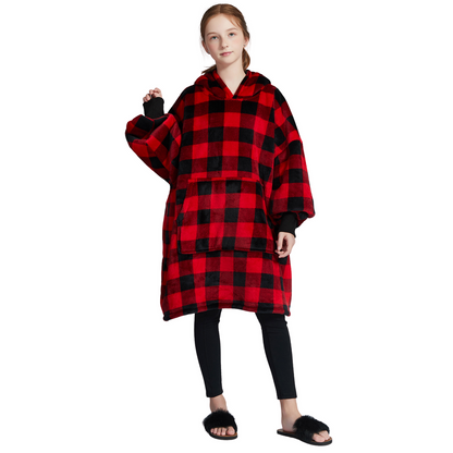 Kinder Hoodie Deken met Rood-Zwarte Ruit en Sherpa