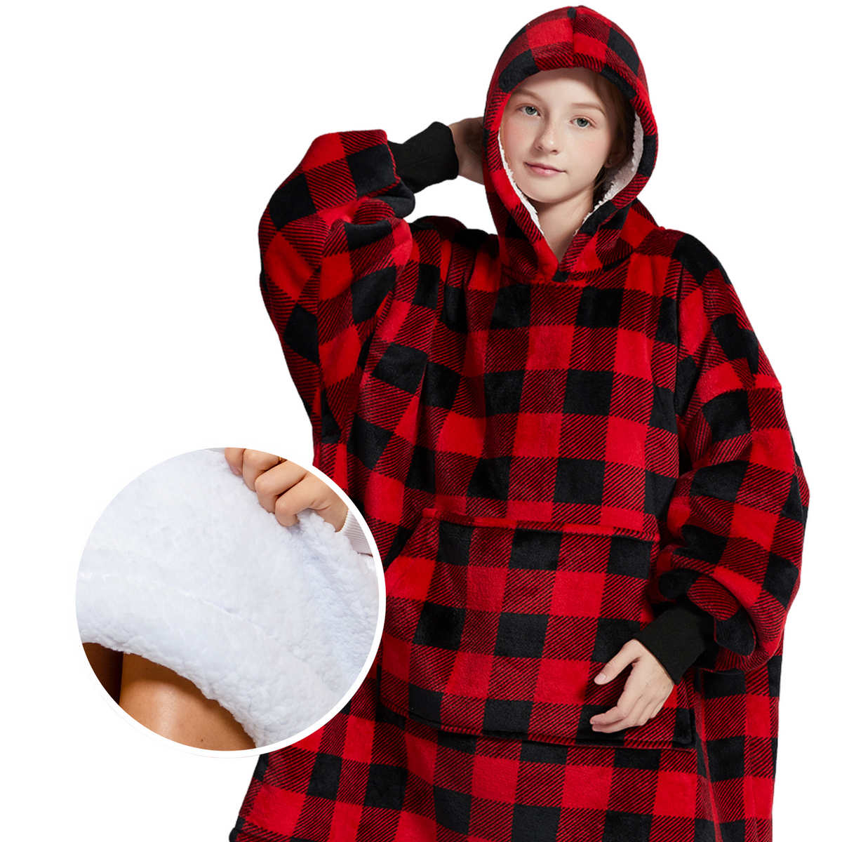 Kinder Hoodie Deken met Rood-Zwarte Ruit en Sherpa