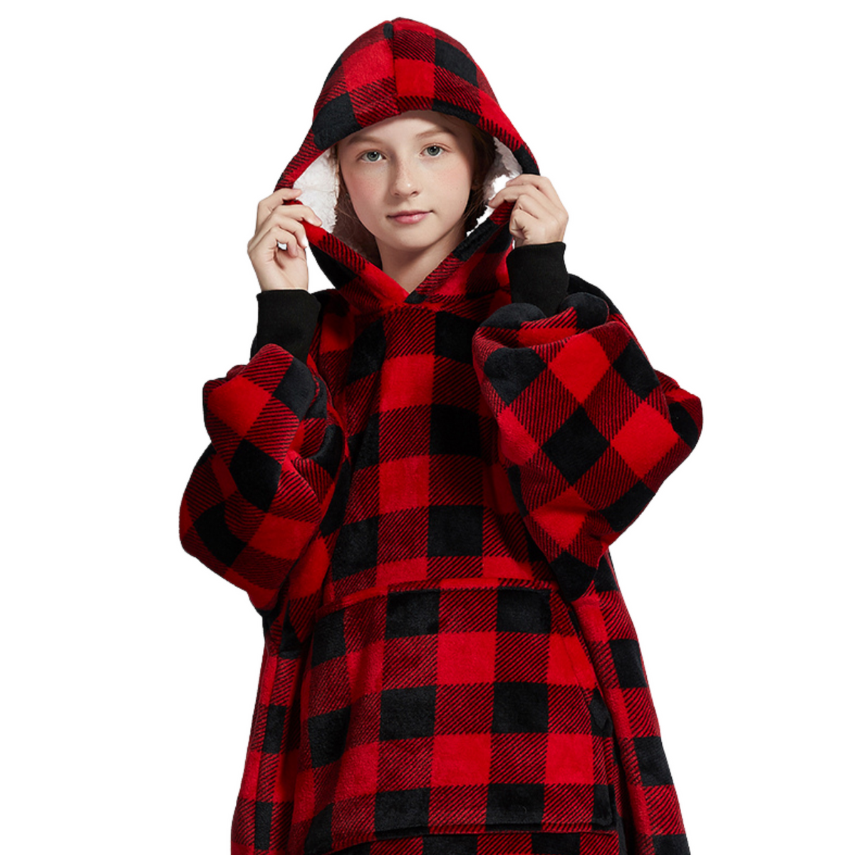 Kinder Hoodie Deken met Rood-Zwarte Ruit en Sherpa