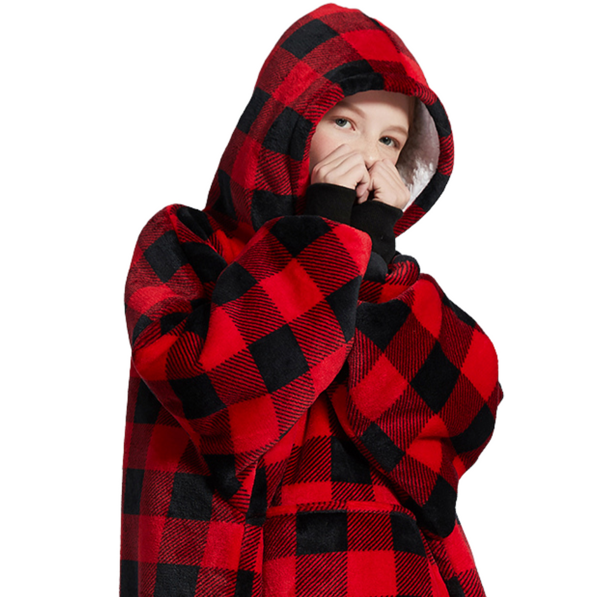 Kinder Hoodie Deken met Rood-Zwarte Ruit en Sherpa