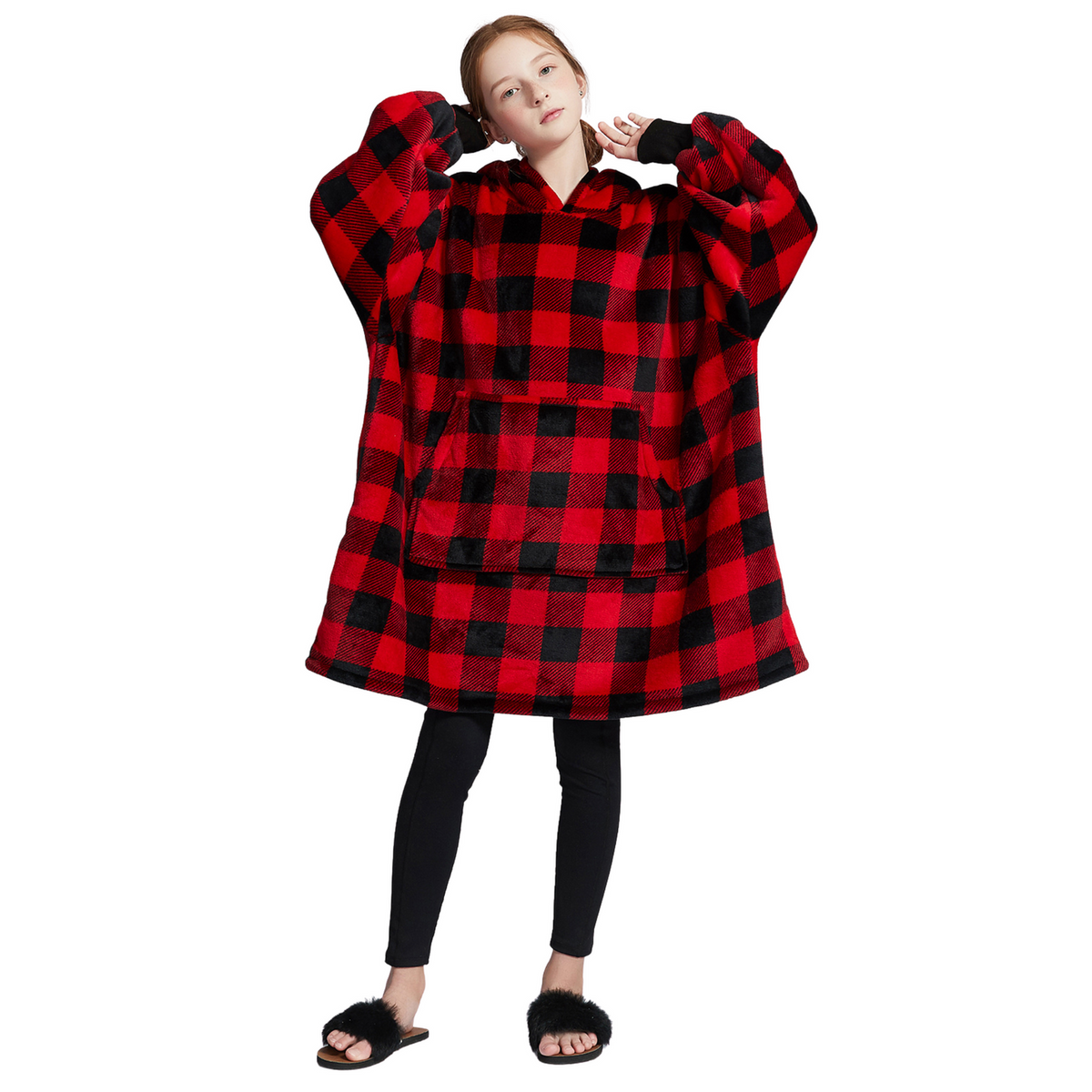 Kinder Hoodie Deken met Rood-Zwarte Ruit en Sherpa