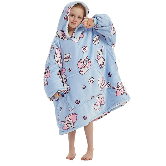 Lichtblauwe Kinder Hoodie Deken met Olifantenprint