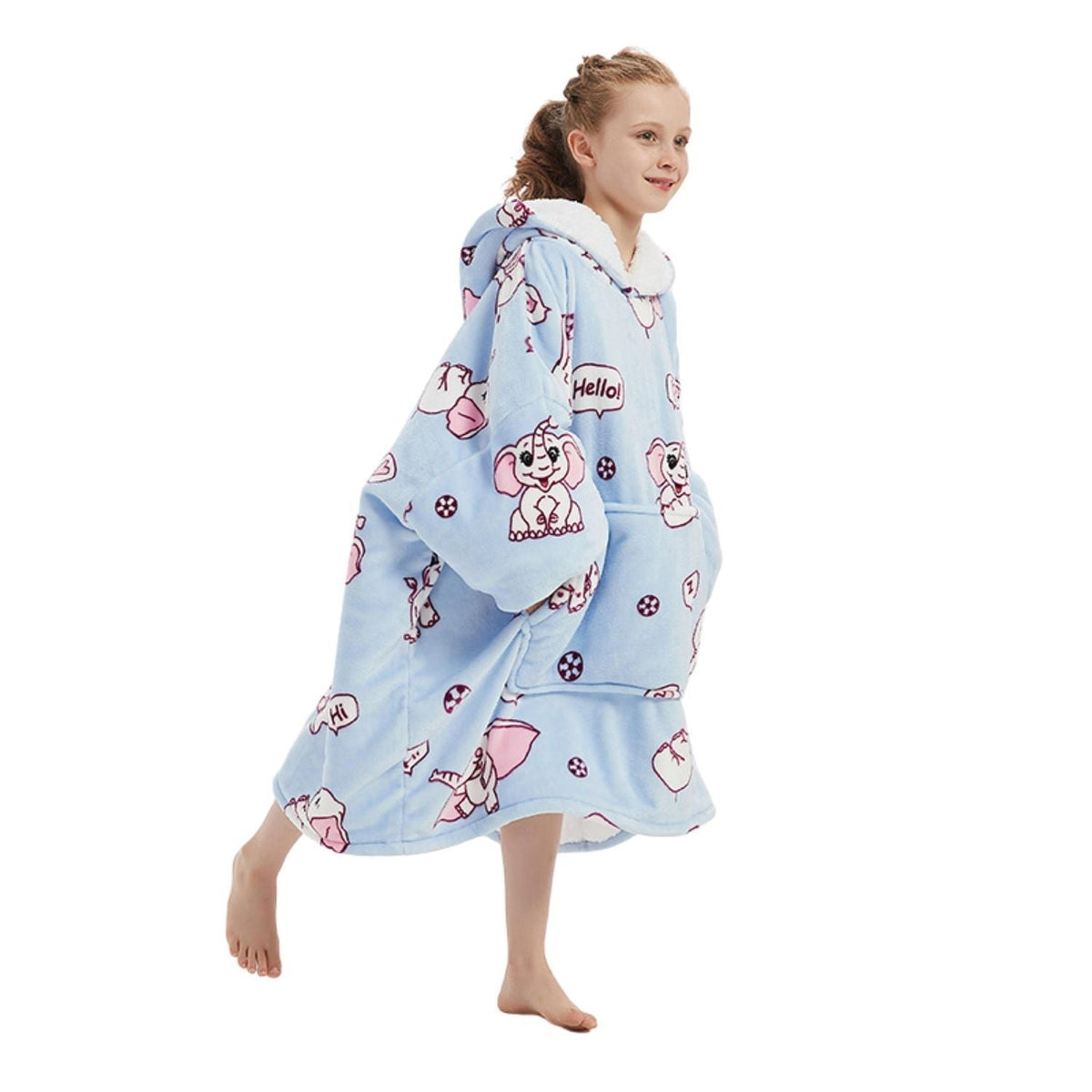 Lichtblauwe Kinder Hoodie Deken met Olifantenprint