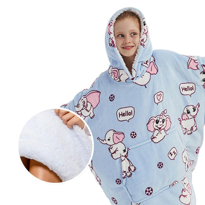 Lichtblauwe Kinder Hoodie Deken met Olifantenprint