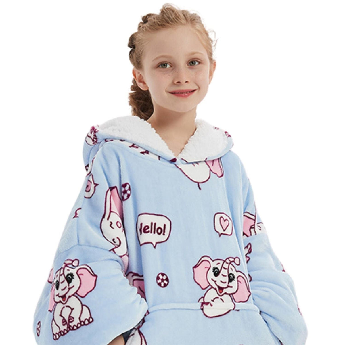 Lichtblauwe Kinder Hoodie Deken met Olifantenprint