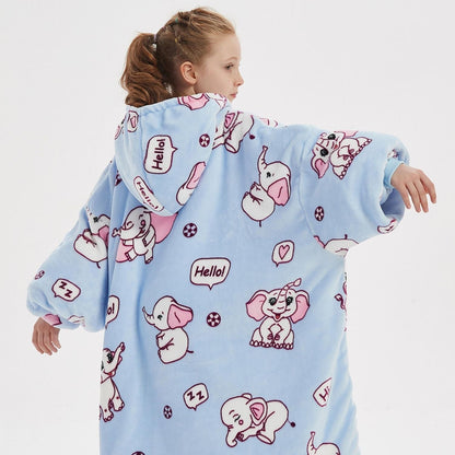 Lichtblauwe Kinder Hoodie Deken met Olifantenprint