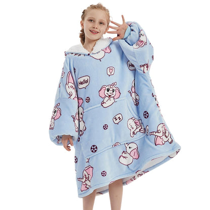 Lichtblauwe Kinder Hoodie Deken met Olifantenprint
