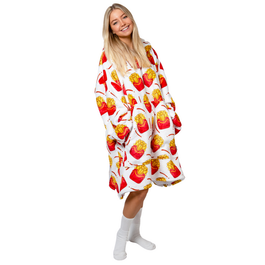 Witte Hoodie Deken met Frietprint en Sherpavoering