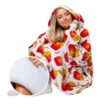 Witte Hoodie Deken met Frietprint en Sherpavoering