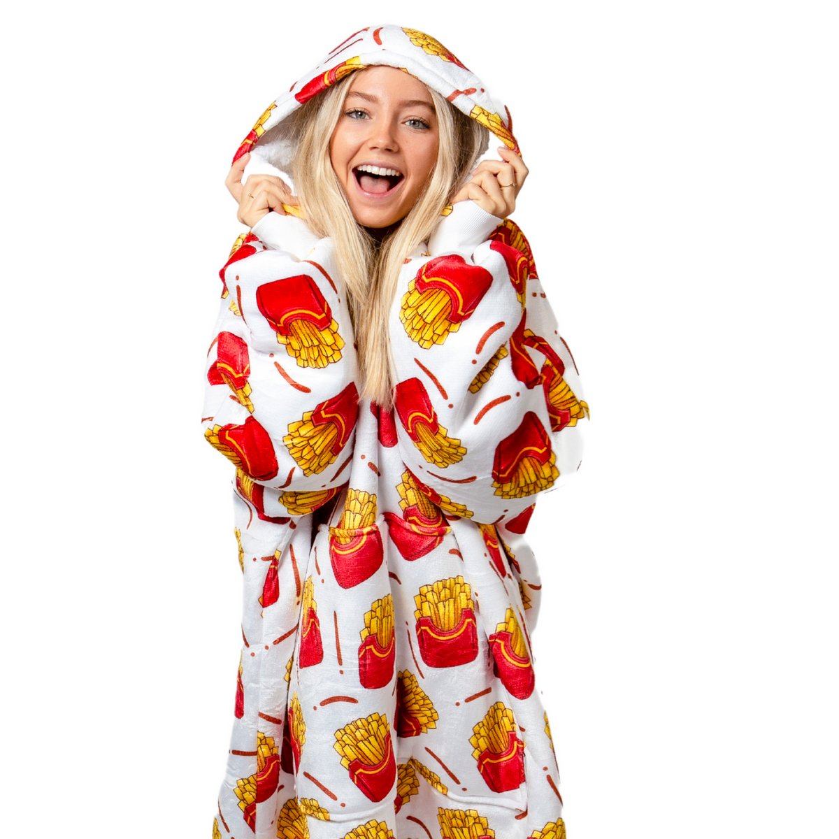 Witte Hoodie Deken met Frietprint en Sherpavoering