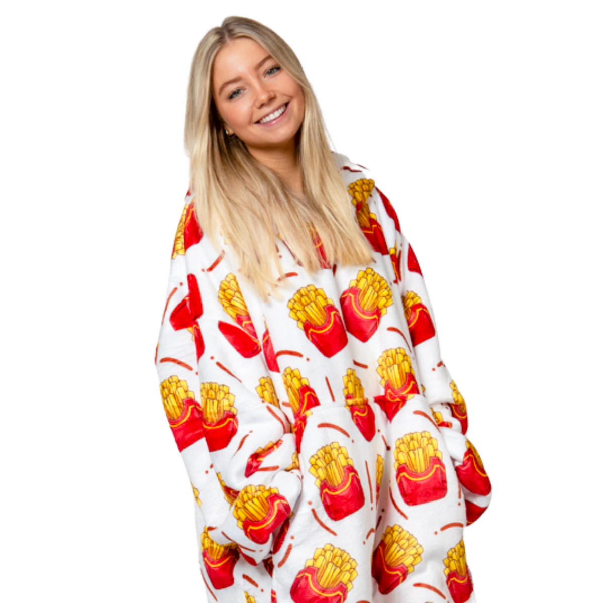 Witte Hoodie Deken met Frietprint en Sherpavoering