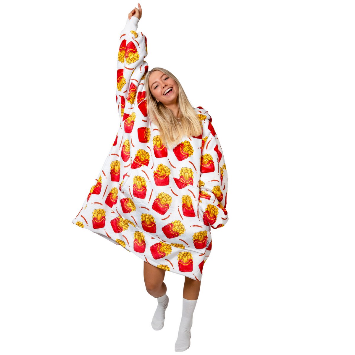 Witte Hoodie Deken met Frietprint en Sherpavoering