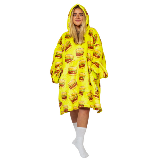 Gele Hoodie Deken met Hamburgerprint en Sherpa