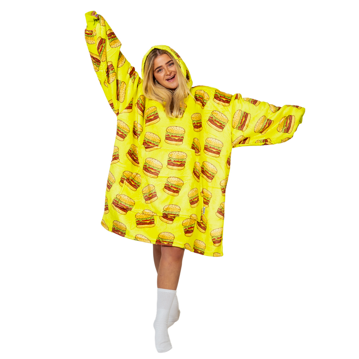 Gele Hoodie Deken met Hamburgerprint en Sherpa