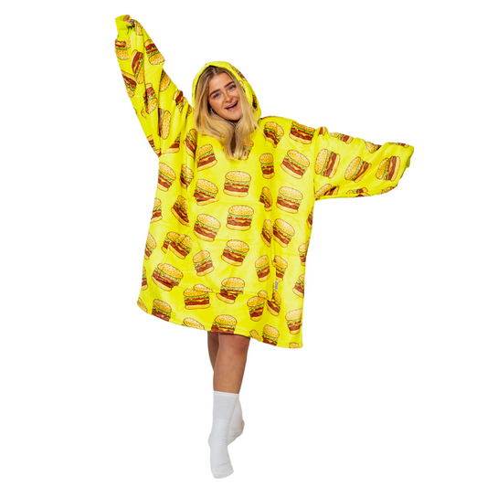 Gele Hoodie Deken met Hamburgerprint en Sherpa