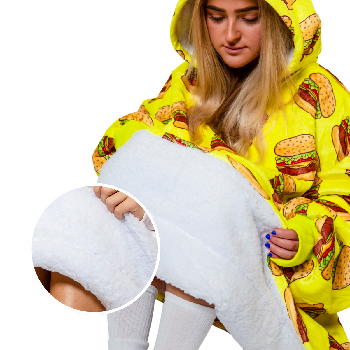 Gele Hoodie Deken met Hamburgerprint en Sherpa