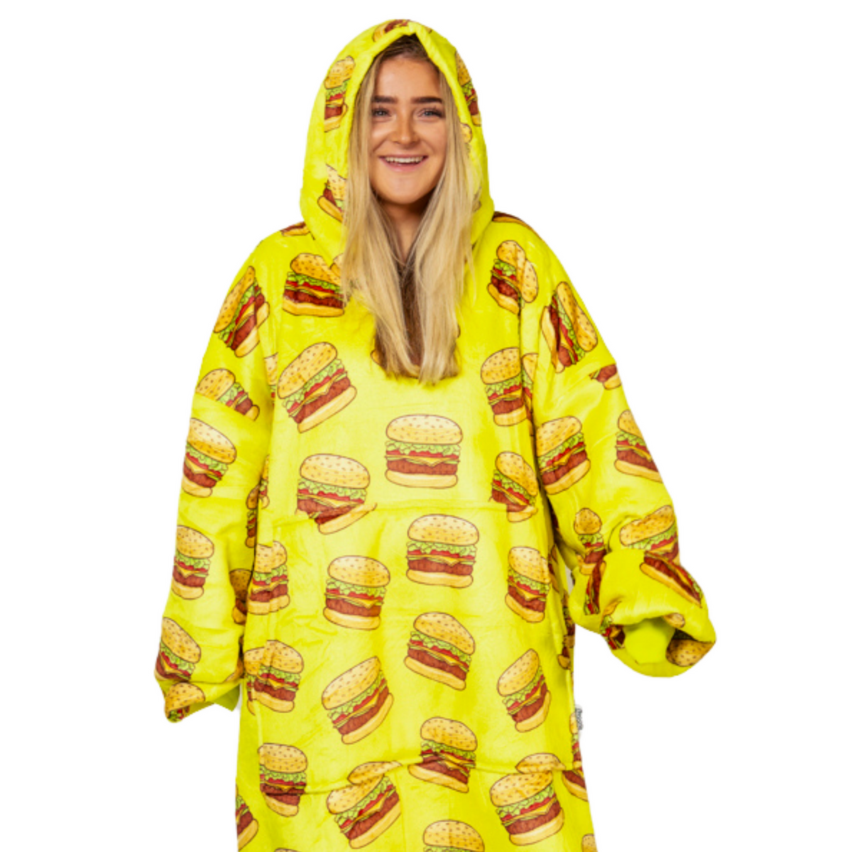 Gele Hoodie Deken met Hamburgerprint en Sherpa